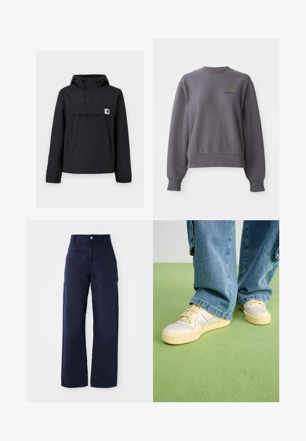 Casaco corta-vento preto com capuz, apresentando um bolso frontal, punhos elásticos e um patch do logo no peito. Tecido liso, resistente à água.; Sweatshirt cinza confeccionado em tecido misto de algodão. Apresenta um decote redondo, punhos canelados e um pequeno logótipo bordado no peito.; Calças de cargo largas em azul-marinho, feitas de um tecido de algodão resistente, com bolsos laterais e um fecho de botão na cintura.; Tenis com um cabedal creme e sola de borracha texturizada, apresentando detalhes perfurados e acentos em camadas em azul claro e bege.