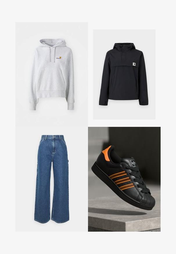 Veste coupe-vent noire avec capuche, dotée d'une poche avant, de poignets élastiques et d'un écusson logo sur la poitrine. Tissu lisse et résistant à l'eau.; Sweat à capuche gris clair en mélange de coton, avec une poche kangourou à l'avant et un petit logo brodé sur la poitrine.; Pantalons en denim bleu à jambes larges avec taille haute, couture contrastée et poches latérales, présentant un design classique à cinq poches et des ourlets bruts.; Baskets noires avec des accents orange, trois bandes horizontales, tige en cuir texturé, protection en caoutchouc à l'avant et lacets noirs.