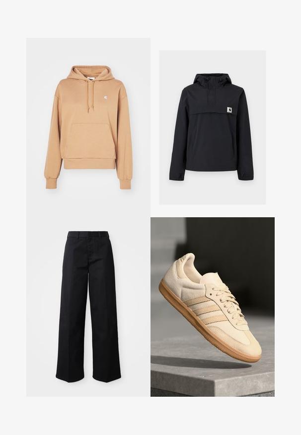 Svart vindjakke med hette, med en frontlomme, elastiske cuffs og et logo-merke på brystet. Glatt, vannavstøtende stoff.; Carhartt WIP HOODED CASEY - Hoodie - peanut/silver; Svart vide bukser laget av myk bomullsstoff. Har en klassisk midje, sidelommer og en rett kutt til kanten.; Lys beige suedette sneakers med gummisåle, tre diagonale striper og en teksturert tåhette. Har logo på tungen og siden.