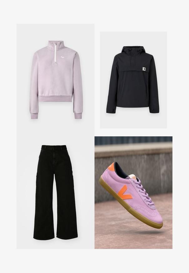 Black windbreaker jacket with a hood, featuring a front pocket, elastic cuffs, and a logo patch on the chest. Smooth, water-resistant fabric.; Lavender fleece pullover with half-zip front, high collar, ribbed cuffs and hem, and small white logo on chest, laid flat on white background.; Black wide-leg cargo pants made of denim, featuring a high waist, front button closure, and side pockets. Smooth texture with minimal stitching.; Purple suede sneaker with a rounded shape, featuring an orange 'V' logo, black interior, and a gum rubber sole. Smooth texture throughout.