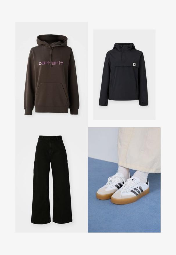 Svart vindjakke med hette, med en frontlomme, elastiske cuffs og et logo-merke på brystet. Glatt, vannavstøtende stoff.; Brun hettegenser med frontlomme i kenguru-stil, med rosa skrifttype av merket "carhartt." Laget av mykt stoff med teksturert finish.; Svart vide ben cargo bukser laget av denim, med høy midje, front knappestenging og sidelommer. Glatt tekstur med minimal søm.; Hvite sneakers med svarte striper og beige semsket skinn-detaljer. Har en teksturert gummisåle og flate hvite snører, brukt med lyse sokker.