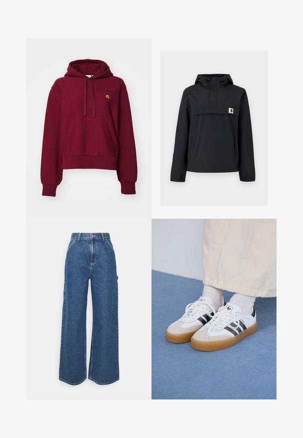 Jachetă neagră tip windbreaker cu glugă, dotată cu un buzunar frontal, manșete elastice și o etichetă cu logo pe piept. Țesătură netedă, rezistentă la apă.; Hanorac cu glugă de culoare burgundă, realizat dintr-un amestec de bumbac, având un buzunar tip cangur în față, manșete ribbate și un logo brodat pe piept.; Pantaloni din denim albastru cu talie înaltă și picioare largi, cu o cusătură contrastantă și buzunare laterale, având un design clasic cu cinci buzunare și margini brut.; Adidași albi cu dungi negre și accente din suede bej. Au talpă din cauciuc texturat și șireturi albe plate, purtați cu șosete de culori deschise.