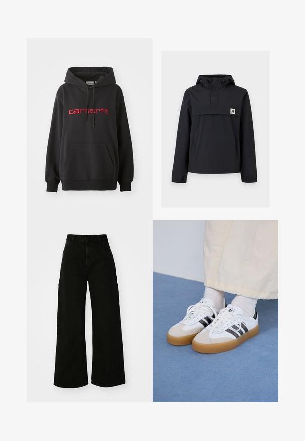 Svart vindjacka med huva, som har en framficka, elastiska ärmmuddar och en logotypplåster på bröstet. Slät, vattenavvisande tyg.; Svart hoodie i bomullsmix med en ficka fram, ribbade ärmslut och en röd broderad "carhartt"-logotyp på bröstet.; Svarta vida cargobyxor i denim, med hög midja, framknäppning och sidofickor. Slät textur med minimal sömnad.; Vita sneakers med svarta ränder och beige mockadetaljer. Har en texturerad gummisul och platta vita skosnören, bärs med ljusa strumpor.