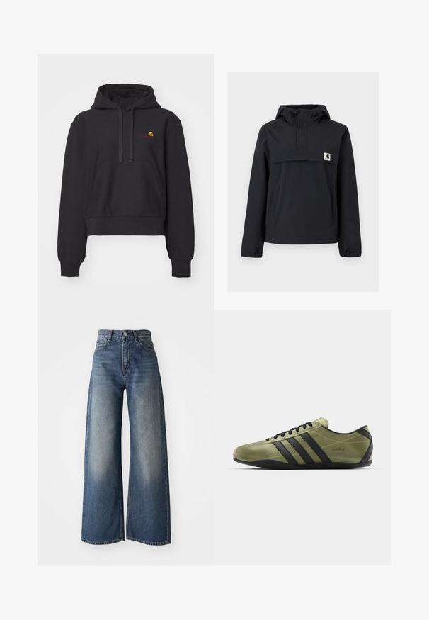 Svart vindjacka med huva, som har en framficka, elastiska ärmmuddar och en logotypplåster på bröstet. Slät, vattenavvisande tyg.; Svart kort hoodie tillverkad av mjukt tyg, med en kenguruficka, dragsko i huvan och broderad logotyp i gult och rött.; Blå högmidjade vida jeans med framknapp och fickor, blekt textur vid låren och rakt avslut.; adidas Originals TOKYO - Sneakers - gold metallic/core black