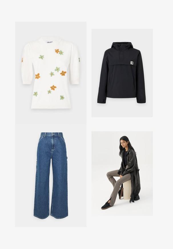 Veste coupe-vent noire avec capuche, dotée d'une poche avant, de poignets élastiques et d'un écusson logo sur la poitrine. Tissu lisse et résistant à l'eau.; Pull blanc à manches courtes bouffantes, orné de broderies florales orange, vert et jaune. Encolure ronde classique et bord ribbé.; Pantalons en denim bleu à jambes larges avec taille haute, couture contrastée et poches latérales, présentant un design classique à cinq poches et des ourlets bruts.; Trench en cuir noir, haut noir ajusté, pantalon ajusté beige, et baskets noires. Modèle assise sur un cube, avec des cheveux longs et raides.