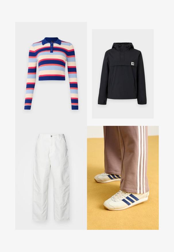 Melnā vēja necaurlaidīgā jaka ar kapuci, ar priekšējo kabatu, elastīgām aprocēm un logotipa uzšuvumu uz krūtīm. Gluda, ūdensizturīga auduma.; Ribota, īsā polo džemperis ar garām piedurknēm, kas rotāts horizontālām svītrām zilos, krēmveida, rozā un sarkanos toņos. Aizdare ar četriem pogām apkaklē.; Baltas kravas bikses, izgatavotas no denim materiāla, ar brīvu piegriezumu, sānu kabatām un redzamām šuvju detaļām. Vienkārša priekšēja daļa ar pogu aizdari.; Krēma krāsas kedas ar zilo zamšādu svītrām, baltām auklām un gumijas zoli. Apvienotas ar pelēkām sporta biksēm ar baltām sānu svītrām.