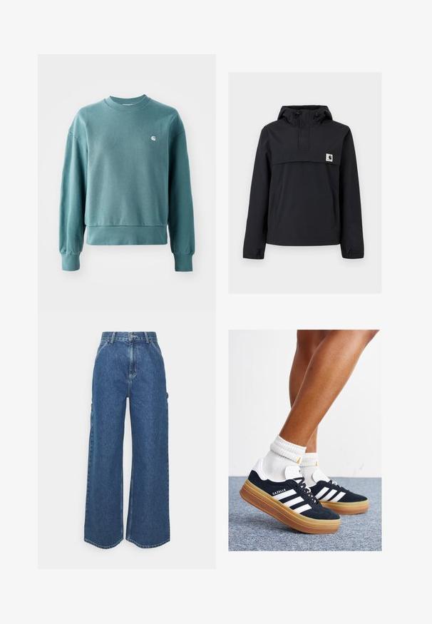 Svart vindjakke med hette, med en frontlomme, elastiske cuffs og et logo-merke på brystet. Glatt, vannavstøtende stoff.; Crewneck sweatshirt i teal, med ribbestrikkede mansjetter og nederkant, løs passform, og en liten hvit logo på venstre bryst. Mykt bomullsmateriale.; Videbeinete blå denimbukser med høy midje, kontraststing, og sidelommer, med et klassisk fem-lommers design og rå kanter.; Svarte sneakers i semsket skinn med hvite striper og detaljer, rund tå, yttersåle i gummigummi, kombinert med hvite ribbestrikkede crew-sokker.