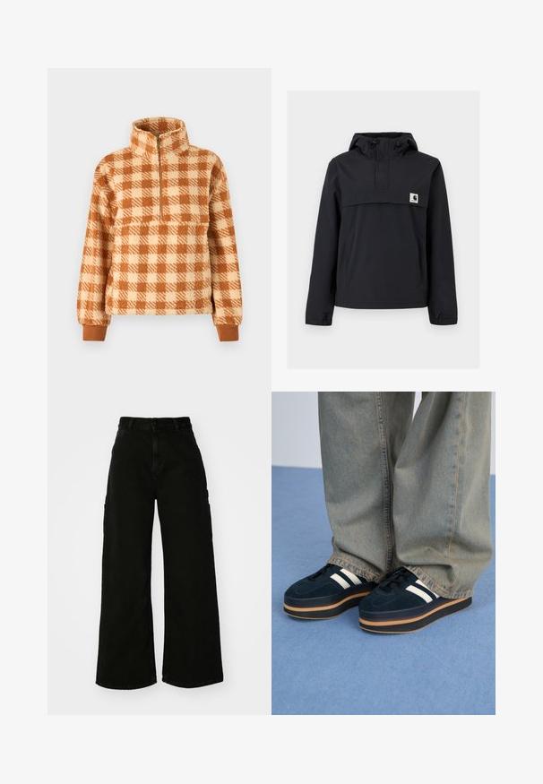 Crna jakna s kapuljačom, s prednjim dzepom, elastičnim manžetama i logom na prsima. Glatka, vodootporna tkanina.; Pulover s karo uzorkom u smešnim i krem nijansama, izrađen od pahuljastog materijala, sa ovratnikom na pola sa zipom i rebrastim manžetama za udoban fit.; Crne široke cargo hlače od denima, s visokim strukom, prednjim zatvaranjem na dugme i bočnim džepovima. Glatka tekstura s minimalnim šavovima.; Tamnosive plave platformske tenisice od sued kože s bijelim prugama i crnim vezicama. Imaju debeli smeđi gumeni potplat. Nosene su uz svijetlosive traperice.