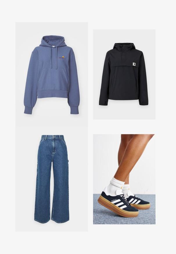 Svart vindjacka med huva, som har en framficka, elastiska ärmmuddar och en logotypplåster på bröstet. Slät, vattenavvisande tyg.; Blå croppad hoodie gjord av mjukt tyg, med en framfickan, dragsko på huvan och broderad logotyp på bröstet.; Breda ljusblå denimbyxor med hög midja, kontrasterande sömmar och sidofickor, som har en klassisk femficksdesign och råa kanter.; Svarta sneakers i mocka med vita ränder och detaljer, rundad tå, yttersula i gummiblandning, kombinerade med vita ribbade crew-strumpor.