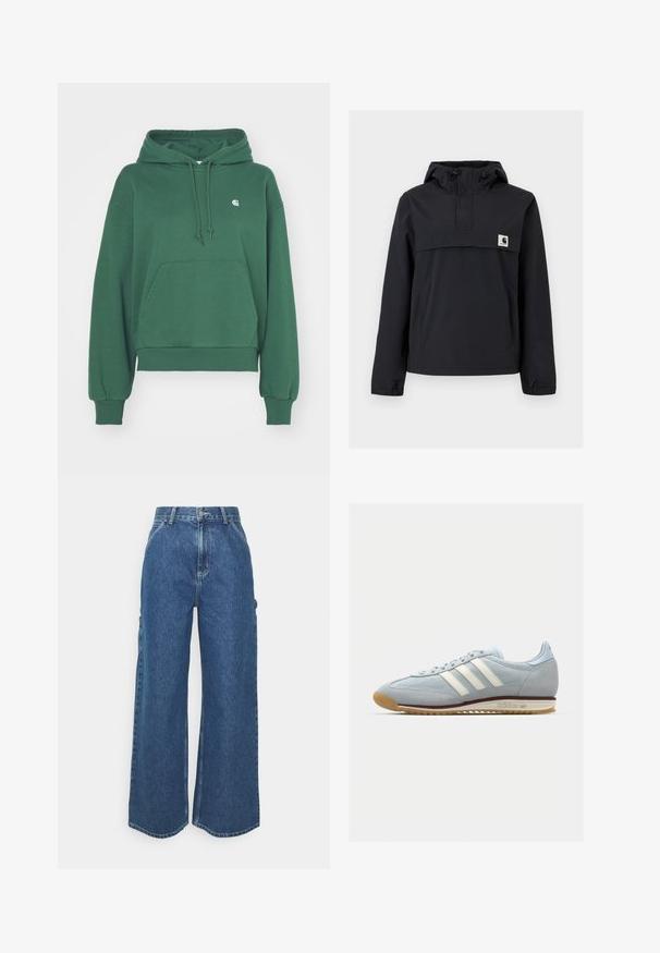 Chaqueta cortavientos negra con capucha, que cuenta con un bolsillo frontal, puños elásticos y un parche de logo en el pecho. Tejido liso y resistente al agua.; Carhartt WIP HOODED CASEY - Jersey con capucha - sycamore tree/silver; Pantalones vaqueros de pierna ancha en azul con cintura alta, costuras en contraste y bolsillos laterales, que cuentan con un diseño clásico de cinco bolsillos y dobladillos sin rematar.; Zapatilla de ante azul claro con tres rayas blancas, suela de goma y malla texturizada. Presenta una puntera lisa y un logotipo en el talón.