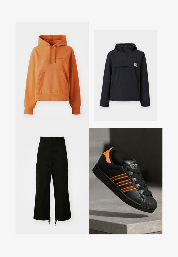 Černá bunda s kapucí, která má přední kapsu, elastické manžety a logo nášivku na hrudi. Hladká, voděodolná tkanina.; Oranžová bavlněná mikina s kapucí, přední kapsou, žebrovanými cuffy a lemem, nastavitelnou šňůrkou na kapuci a vyšitým logem na hrudi.; Černé cargo kalhoty vyrobené z bavlny, s širokými nohavicemi, bočními kapsami a stahovacími lemy. Design zahrnuje zapínání na knoflík v pase.; Černé tenisky s oranžovými akcenty, třemi horizontálními pruhy, texturovaným koženým svrškem, gumovou špicí a černými tkaničkami.