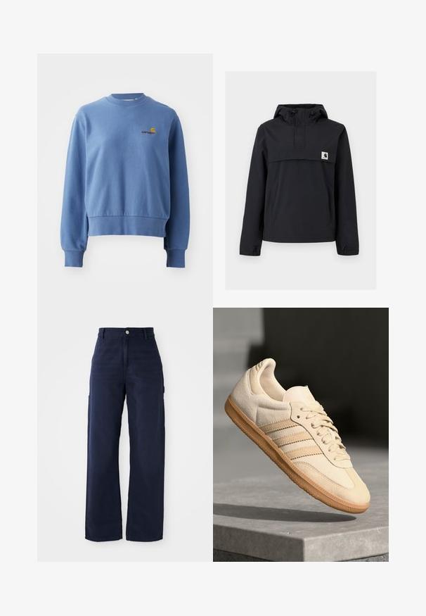 Zwarte windbreaker jas met een capuchon, voorzien van een voorzak, elastische boorden en een logopatch op de borst. Glad, waterafstotend materiaal.; Blauwe katoenen sweatshirt met ribgebreide manchetten en onderrand. Voorzien van een klein geborduurd logo op de borst. Ronde halslijn, casual pasvorm.; Navy blauwe wijde cargobroek van stevige katoen, met zijzakken en een knoopsluiting in de taille.; Lichtbeige suède sneaker met een gumrubberen buitenzool, drie diagonale strepen en een textuur op de neus. Voorzien van een logo op de tong en de zijkant.