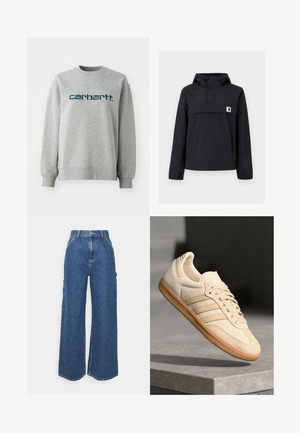 Must mustaga jacket, millel on kapuuts, esikoti, elastsed mansetid ja rinna peal logoga pa patch. Sile, veekindel kangas.; Hallitus hall töötav puuvillasegu, millel on ümar kaelus ja ribaga mansetid. Tume roheline logo on rinnal.; Laiene jalad sinised denim püksid kõrge vöökohaga, kontrastsete õmblustega ja küljetaskutega, klassikalise viie taskuga disainiga ja toore servaga.; Hele beeži sueded spordijalatsid, millel on kummist välistald, kolm diagonaalset triipu ja tekstuuriga varvaste katus. Omab logo keelel ja külgedel.