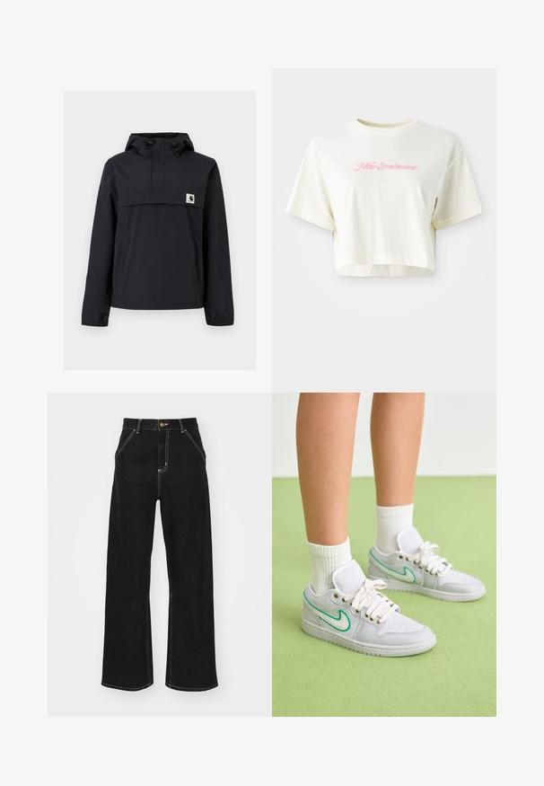 Casaco corta-vento preto com capuz, apresentando um bolso frontal, punhos elásticos e um patch do logo no peito. Tecido liso, resistente à água.; T-shirt cortada, de cor creme, feita de algodão. Apresenta um logo bordado em rosa que diz "Nike Sportwear". Com mangas curtas e gola redonda.; Calças de ganga largas pretas, com costuras brancas em contraste e fecho frontal com botão, apresentando dois bolsos frontais inclinados.; Ténis brancos com detalhes verdes, parte superior em tecido, colarinho almofadado e atacadores brancos; usados com meias brancas caneladas contra um fundo verde.