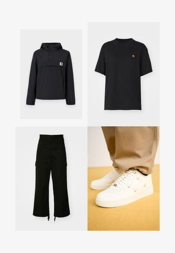 Jachetă neagră tip windbreaker cu glugă, dotată cu un buzunar frontal, manșete elastice și o etichetă cu logo pe piept. Țesătură netedă, rezistentă la apă.; Tricou din bumbac negru, cu o croială lejeră. Are guler rotund și mâneci scurte. Include un mic logo brodat auriu pe piept.; Pantaloni cargo negri din bumbac, cu picioare late, buzunare laterale și tivuri cu șnur. Designul include o închidere cu nasture la talie.; Tenisi din piele albă cu vârf perforat, accente aurii și șireturi plate, asortați cu pantaloni bej, pe o suprafață texturată galbenă.