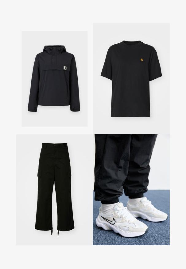 Musta tuulenpitävä takki hupulla, jossa on etutasku, joustavat hihansuut ja logo-patch rinnassa. Suloinen, vettä hylkivä kangas.; Musta puuvillapaita rentolla leikkauksella. Korostaa pyöreää kaula-aukkoa ja lyhyitä hihoja. Sisältää pienen kultavärisen brodeeratun logon rinnassa.; Mustat cargo-housut, jotka on valmistettu puuvillasta. Niissä on leveät lahkeet, sivutaskut ja nyörikujat lahkeissa. Mallissa on nappikiinnitys vyötäröllä.; Valkoiset ja vaaleanharmaat urheilukengät, joissa on teksturoitu päällinen, paksu pohja ja musta swoosh-logo. Yhdistetty mustiin jogging-housuihin ja valkoisiin sukkiin.