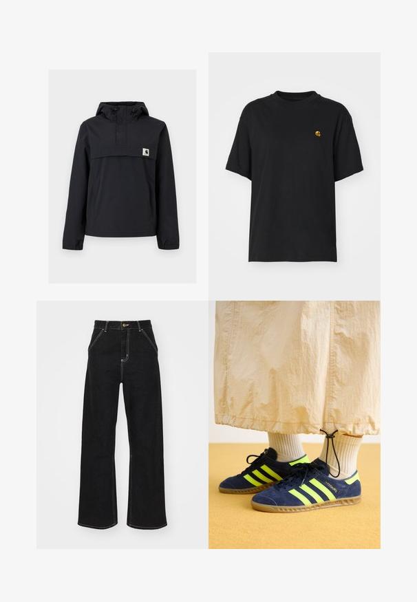 Casaco corta-vento preto com capuz, apresentando um bolso frontal, punhos elásticos e um patch do logo no peito. Tecido liso, resistente à água.; T-shirt de algodão preto com um corte descontraído. Apresenta um decote redondo e mangas curtas. Inclui um pequeno logotipo bordado a dourado no peito.; Calças de ganga largas pretas, com costuras brancas em contraste e fecho frontal com botão, apresentando dois bolsos frontais inclinados.; Os sapatilhas Adidas Hamburg em camurça azul-marinho apresentam três riscas amarelas brilhantes, uma sola de borracha e atacadores pretos. Acompanhadas por uma meia texturizada em tom creme.