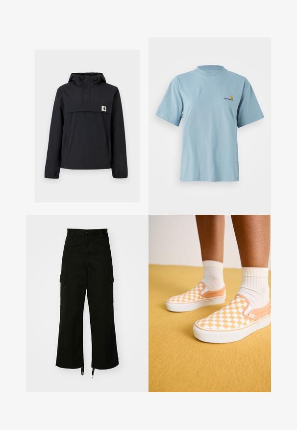 Giacca a vento nera con cappuccio, dotata di tasca frontale, polsini elastici e una patch con logo sul petto. Tessuto liscio e resistente all'acqua.; Maglietta a maniche corte in cotone azzurro chiaro con colletto rotondo e piccolo logo Carhartt giallo e rosso sul lato sinistro del petto.; Pantaloni cargo neri realizzati in cotone, con gamba larga, tasche laterali e orli con cordino. Il design include una chiusura con bottone in vita.; Vans CLASSIC SLIP-ON PLATFORM - Sneakers basse - apricot