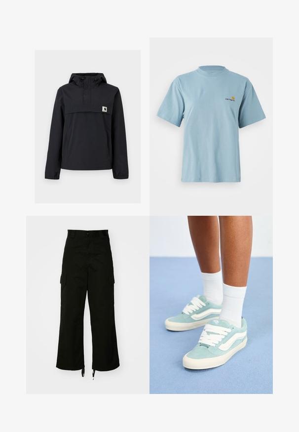 Schwarze Windjacke mit Kapuze, ausgestattet mit einer Vordertasche, elastischen Bündchen und einem Logopatch auf der Brust. Glattes, wasserabweisendes Material.; Himmelblaues kurzärmeliges Baumwoll-T-Shirt mit Rundhalsausschnitt und kleinem gelben und roten Carhartt-Logo auf der linken Brust.; Schwarze Cargo-Hosen aus Baumwolle mit weitem Bein, seitlichen Taschen und Kordelzügen am Saum. Das Design umfasst einen Knopfverschluss an der Taille.; Hellblaue Wildledersneaker mit weißen Akzenten und Schnürsenkeln. Runder Zehenbereich mit strukturiertem Obermaterial. Getragen mit weißen Knöchelsocken auf einer blauen Fläche.
