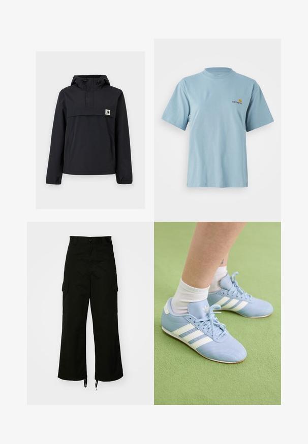 Fekete szélálló dzseki kapucnival, elülső zsebből, rugalmas mandzsetta és logóval ellátott mellkasi részből áll. Simább, vízálló anyag.; Világoskék, rövid ujjú pamut póló kerek nyakkal és apró sárga és piros Carhartt logóval a bal mellen.; Fekete cargo nadrág, pamutból készült, széles lábakkal, oldalsó zsebekkel és húzózsinóros szegélyekkel. A dizájn része egy gombos zárás a deréknál.; Világoskék sportcipők fehér csíkokkal és márkajelzésekkel. Texturált bőr, cipőfűzős kialakítás és gumitalp jellemzi őket. Fehér zoknival viselik.