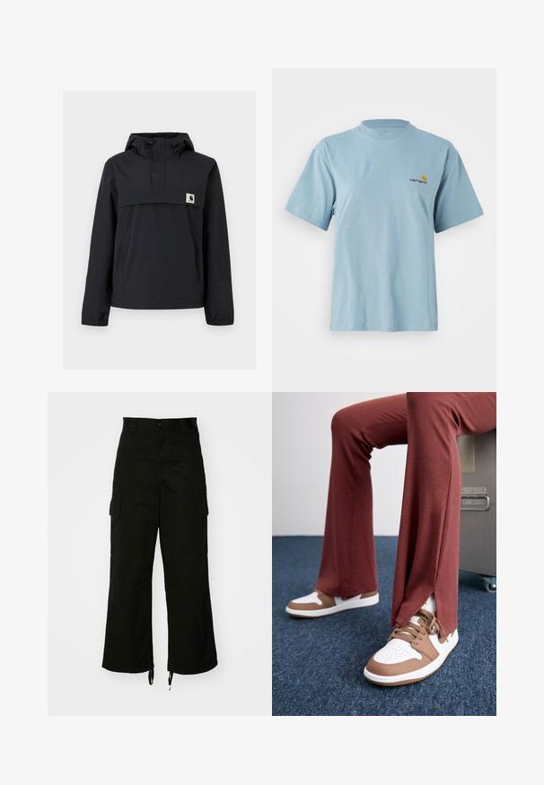 Fekete szélálló dzseki kapucnival, elülső zsebből, rugalmas mandzsetta és logóval ellátott mellkasi részből áll. Simább, vízálló anyag.; Világoskék, rövid ujjú pamut póló kerek nyakkal és apró sárga és piros Carhartt logóval a bal mellen.; Fekete cargo nadrág, pamutból készült, széles lábakkal, oldalsó zsebekkel és húzózsinóros szegélyekkel. A dizájn része egy gombos zárás a deréknál.; Rozsdaszínű, bordázott nadrág oldalsó sliccekkel, fehér és barna sportcipővel párosítva, hangsúlyozva a kontrasztos színeket és textúrákat.