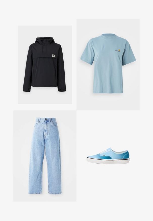Czarna kurtka przeciwwiatrowa z kapturem, z przednią kieszenią, elastycznymi mankietami i naszywką z logo na piersi. Gładki, wodoodporny materiał.; Jasnoniebieska bawełniana koszulka z krótkim rękawem, okrągłym dekoltem i małym logo Carhartt w kolorze żółtym i czerwonym na lewej piersi.; Jasnoniebieskie dżinsy z wysokim stanem, proste szerokie nogawki, z przodu zapinane na guzik i zamek błyskawiczny, oraz kieszenie z przodu i z tyłu.; Vans AUTHENTIC niebieski melanż