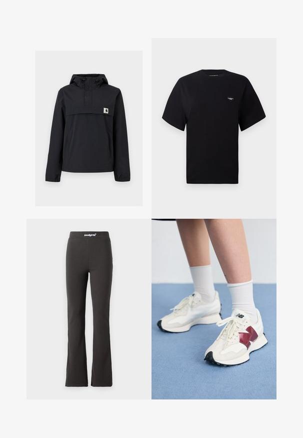 Juodas vėjaraizdis su kapuce, turintis priekinę kišenę, elastines rankoves ir logotipo emblema ant krūtinės. Lygus, vandeniui atsparus audinys.; Juodas medvilnės marškinėliai trumpomis rankovėmis, su apvaliu kaklu ir širdies formos siuvinėtu logotipu kairėje krūtinės pusėje. Paprastas, nedekoruotas dizainas.; Juodos plačios kelnės, pagamintos iš elastinės medžiagos su lygiu tekstūru. Dėvi plačią juosmenį su logotipo detalėmis viršuje.; Balti sportbačiai su bordo akcentais, tekstūriniais paviršiais, plokščiomis juodomis pado dalimis ir šviesiomis raišteliais, dėvimi su baltais kulkšnų ponoškais.