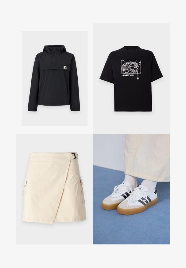Black windbreaker jacket with a hood, featuring a front pocket, elastic cuffs, and a logo patch on the chest. Smooth, water-resistant fabric.; Black T-shirt made of cotton with short sleeves. Features a white spider web graphic and logo on the front. Simple rounded neckline.; Beige wrap skirt made from lightweight fabric, featuring a side buckle, two cargo pockets, and a clean hem.; White sneakers with black stripes and beige suede accents. Feature a textured gum sole and flat white laces, worn with light-colored socks.