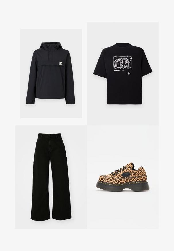 Svart vindjakke med hette, med en frontlomme, elastiske cuffs og et logo-merke på brystet. Glatt, vannavstøtende stoff.; Svart T-skjorte laget av bomull med korte ermer. Har et hvitt edderkoppnett grafikk og logo på fronten. Enkel rund hals.; Svart vide ben cargo bukser laget av denim, med høy midje, front knappestenging og sidelommer. Glatt tekstur med minimal søm.; Løveprint plattform sneakers med svarte snører, teksturert materiale og gule sømdetaljer på en tykk svart gummisåle.