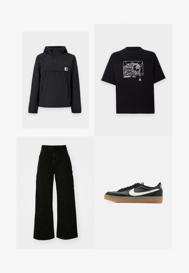 Must mustaga jacket, millel on kapuuts, esikoti, elastsed mansetid ja rinna peal logoga pa patch. Sile, veekindel kangas.; Mustmust särgis, millel on lühikesed varrukad. Esipaneelil on valge ämblikuvõrgu graafika ja logo. Lihtne ümmargune kaelus.; Must musta laiad jõhkrad püksid, mis on valmistatud denimist, kõrge vöökoha, esise nupu sulgemise ja küljetaskutega. Sile tekstuur minimaalse õmblusega.; Mustad mustus treeningjalats tekstureeritud nahast pealsega, valge swooshi logo ja kummist tallaga. Lööki neelav kaelaosa ja lipsu sulg.