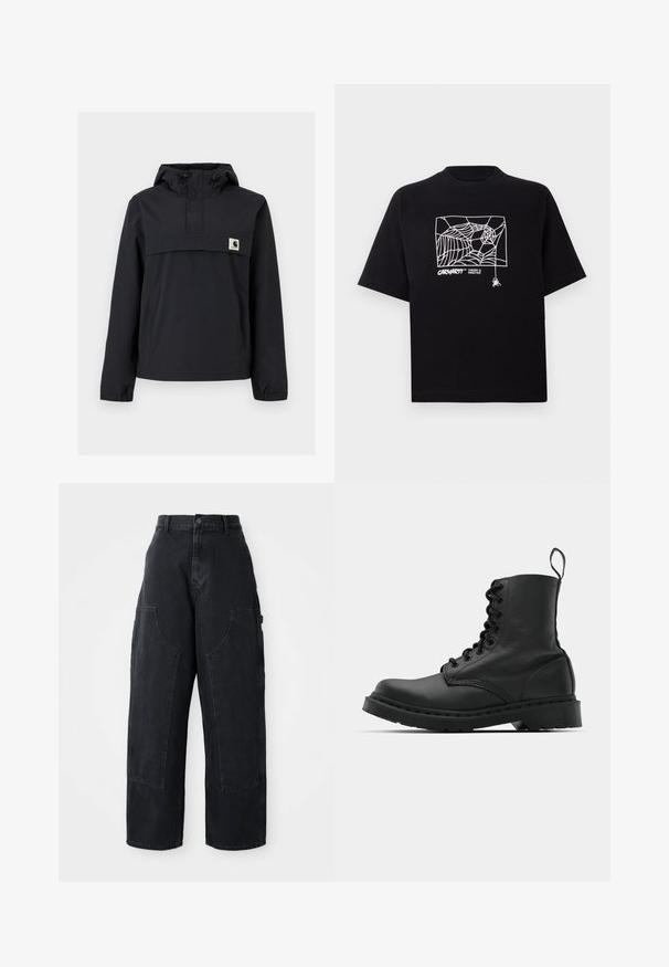 Must mustaga jacket, millel on kapuuts, esikoti, elastsed mansetid ja rinna peal logoga pa patch. Sile, veekindel kangas.; Mustmust särgis, millel on lühikesed varrukad. Esipaneelil on valge ämblikuvõrgu graafika ja logo. Lihtne ümmargune kaelus.; Mustad denim laiad sääred cargo püksid kõrge vöökoht, kahe suure ees oleva taskuga ja nööpkinni klõpsuga vöökoht. Sile tekstuur, kõrvaline kujundus.; Mustad mustavi combat kingad ümmarguse varbaga, paeltega esiosa ja säärel tõmbeaas. Omab paksu kummist tallat, mis tagab vastupidavuse.