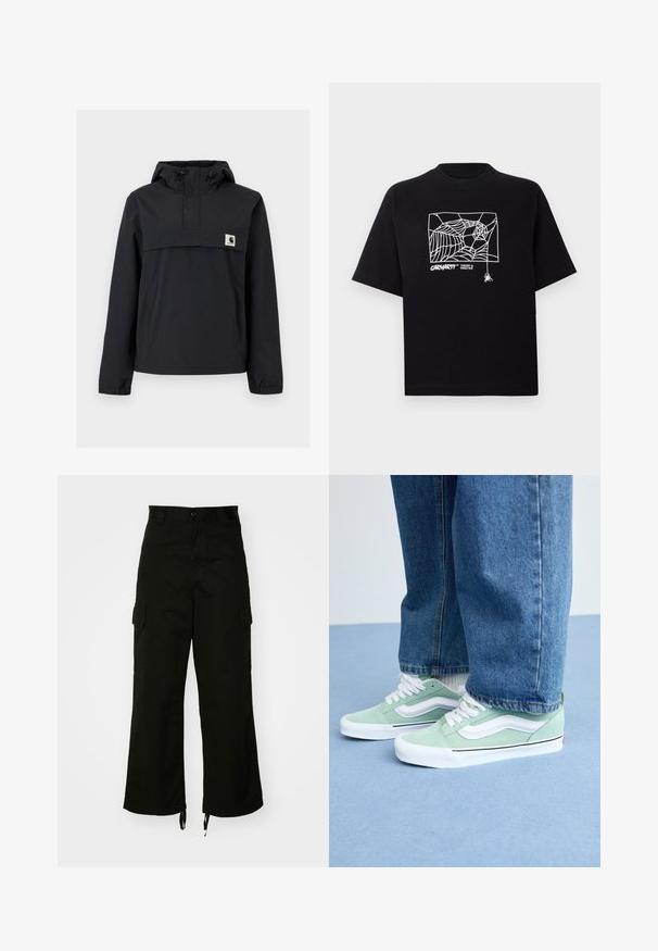 Must mustaga jacket, millel on kapuuts, esikoti, elastsed mansetid ja rinna peal logoga pa patch. Sile, veekindel kangas.; Mustmust särgis, millel on lühikesed varrukad. Esipaneelil on valge ämblikuvõrgu graafika ja logo. Lihtne ümmargune kaelus.; Mustadest puuvillast cargo-püksidest, millel on laiad sääred, küljetaskud ja nööriga lõpulised säärised. Disain sisaldab nööbi sulgemist vöökohal.; Isik, kes kannab helesiniseid ja valgeid tennisetossusid valgete paeltega ning siniseid teksaseid, seismas helesinisel põrandal.