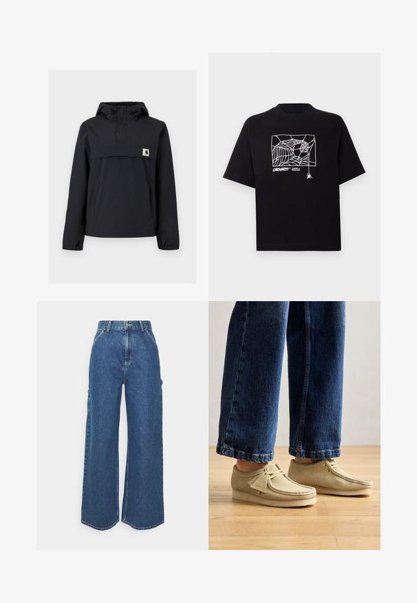 Melnā vēja necaurlaidīgā jaka ar kapuci, ar priekšējo kabatu, elastīgām aprocēm un logotipa uzšuvumu uz krūtīm. Gluda, ūdensizturīga auduma.; Melnā kokvilnas T-kreklā ir īsas piedurknes. Uz priekša ir balti zirnekļa tīkla grafika un logo. Vienkārša noapaļota izgriezne.; Platleņķa zili džinsi ar augstu jostasvietu, kontrastējošām šuvēm un sānu kabatām, ar klasisku piecu kabatu dizainu un neapstrādātiem malām.; Bēša zamšāda apavi ar apaļām purngalām un zemu profilu. Iezīmēts ar auklu dizainu un izšūtiem akcentiem. Nēsāti ar īsām zilām džinsiem.