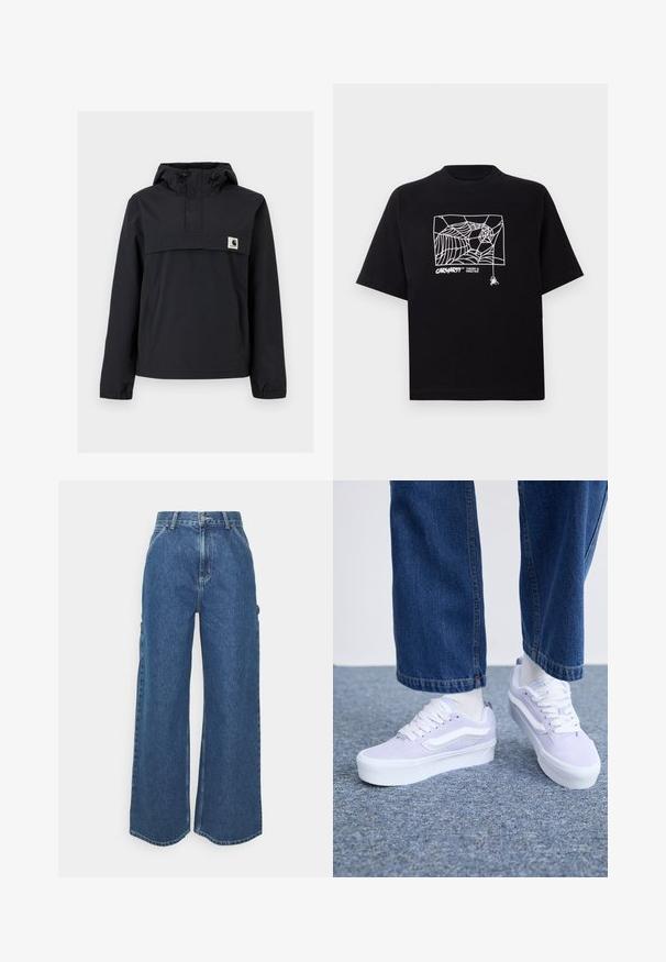 Schwarze Windjacke mit Kapuze, ausgestattet mit einer Vordertasche, elastischen Bündchen und einem Logopatch auf der Brust. Glattes, wasserabweisendes Material.; Schwarzes T-Shirt aus Baumwolle mit kurzen Ärmeln. Mit einem weißen Spinnennetz-Graphic und Logo auf der Vorderseite. Einfacher runder Ausschnitt.; Weite blaue Denim-Hosen mit hoher Taille, kontrastierenden Nähten und Seitentaschen, ausgestattet mit einem klassischen Five-Pocket-Design und rohen Säumen.; Helle lila Wildlederschuhe mit weißen Akzenten, flachen Schnürsenkeln und einer dicken weißen Sohle, getragen mit hellen Socken und lockeren Jeanshosen.