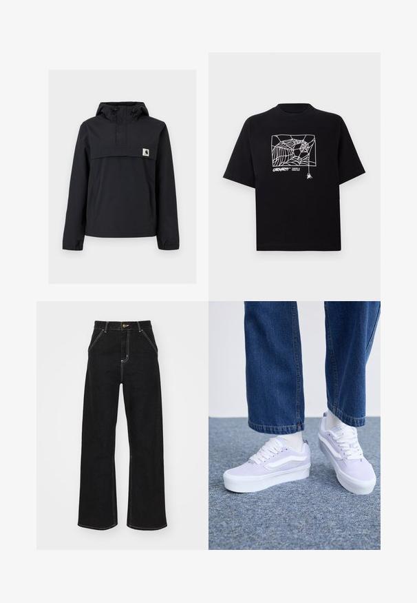 Czarna kurtka przeciwwiatrowa z kapturem, z przednią kieszenią, elastycznymi mankietami i naszywką z logo na piersi. Gładki, wodoodporny materiał.; Czarna koszulka z krótkim rękawem wykonana z bawełny. Na przodzie znajduje się biały nadruk w kształcie pajęczyny oraz logo. Prosty, zaokrąglony dekolt.; Czarne dżinsy o szerokich nogawkach, wykonane z denimu, z kontrastowym białym szwem i zapięciem na guzik z przodu, posiadające dwie ukośne kieszenie z przodu.; Jasnofioletowe zamszowe sneakersy z białymi akcentami, płaskimi sznurówkami i grubą białą podeszwą, noszone z jasnymi skarpetkami i luźnymi dżinsowymi spodniami.