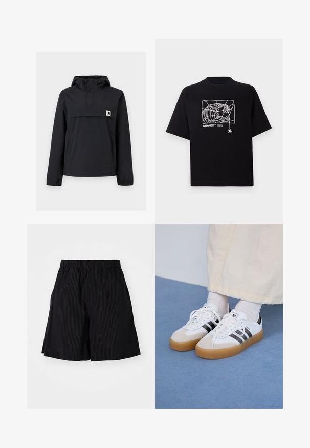 Zwarte windbreaker jas met een capuchon, voorzien van een voorzak, elastische boorden en een logopatch op de borst. Glad, waterafstotend materiaal.; Zwarte T-shirt van katoen met korte mouwen. Voorzien van een witte spinnenwebgrafiek en logo op de voorkant. Eenvoudige ronde halslijn.; Zwarte shorts gemaakt van textielstof met een geribbeld patroon. Voorzien van een elastische tailleband en een ontspannen pasvorm. Einde net boven de knie.; Witte sneakers met zwarte strepen en beige suède accenten. Voorzien van een gestructureerde gumzool en platte witte veters, gedragen met lichtgekleurde sokken.
