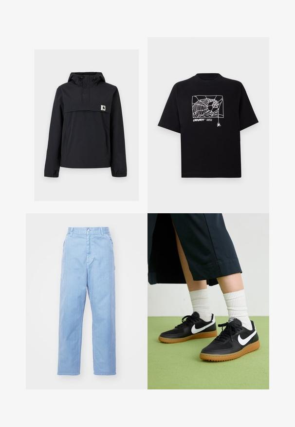Casaco corta-vento preto com capuz, apresentando um bolso frontal, punhos elásticos e um patch do logo no peito. Tecido liso, resistente à água.; T-shirt preta feita de algodão com mangas curtas. Apresenta uma gravação de teia de aranha branca e um logótipo na parte da frente. Possui um decote simples em forma redonda.; Calças de denim azul-claro com um design de perna reta, fecho de botão e bolsos frontais. O tecido tem uma textura subtil com um acabamento suave.; Sapatilhas pretas em couro e sintético com o logo da Nike em branco, sola de borracha tipo goma, bico redondo e atacadores pretos. Meias brancas com frunces visíveis.