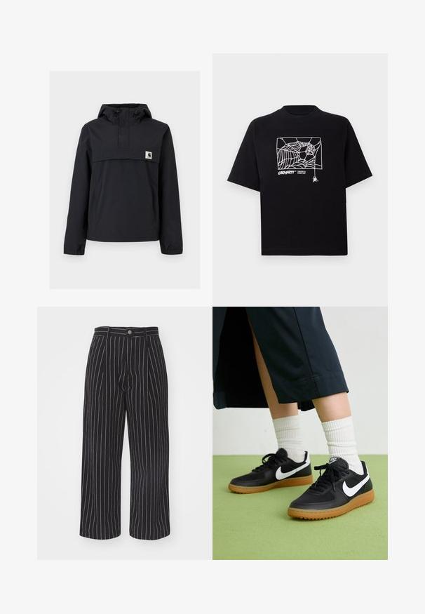Chaqueta cortavientos negra con capucha, que cuenta con un bolsillo frontal, puños elásticos y un parche de logo en el pecho. Tejido liso y resistente al agua.; Camiseta negra de algodón con mangas cortas. Presenta un gráfico de telaraña blanca y un logo en la parte frontal. Cuello redondeado simple.; Pantalones de pierna ancha a rayas negras con una cinturilla alta, que presentan un cierre frontal con botón y una tela texturizada sutil.; Zapatillas de cuero negro y sintético con el swoosh blanco de Nike, suela de goma, punta redonda y cordones negros. Calcetines blancos acanalados visibles.