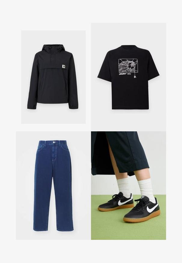 Fekete szélálló dzseki kapucnival, elülső zsebből, rugalmas mandzsetta és logóval ellátott mellkasi részből áll. Simább, vízálló anyag.; Fekete pamut póló rövid ujjakkal. Elülső részén fehér pókhálós grafika és logó található. Egyszerű, kerek nyakú.; Tengersötétkék, bő szabású farmernadrág, pamutból készült, magas derék, elülső zsebek és kontrasztos varrási részletek jellemzik.; Fekete bőr és szintetikus sneakers, fehér Nike logo-val, gumi talppal, kerek orral és fekete fűzővel. Csíkos fehér zokni látható.