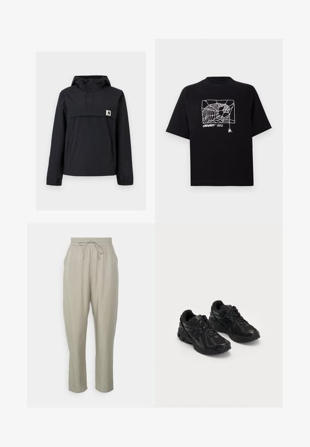 Casaco corta-vento preto com capuz, apresentando um bolso frontal, punhos elásticos e um patch do logo no peito. Tecido liso, resistente à água.; T-shirt preta feita de algodão com mangas curtas. Apresenta uma gravação de teia de aranha branca e um logótipo na parte da frente. Possui um decote simples em forma redonda.; Calças ligeiramente cinzentas, soltas, com cintura elástica e cordão. Apresentam pernas retas e textura suave, adequadas para uso casual.; Sapatilhas de desporto pretas feitas de malha e materiais sintéticos. Possuem uma sola almofadada, padrões texturizados e uma marcação em relevo de marca na lateral.