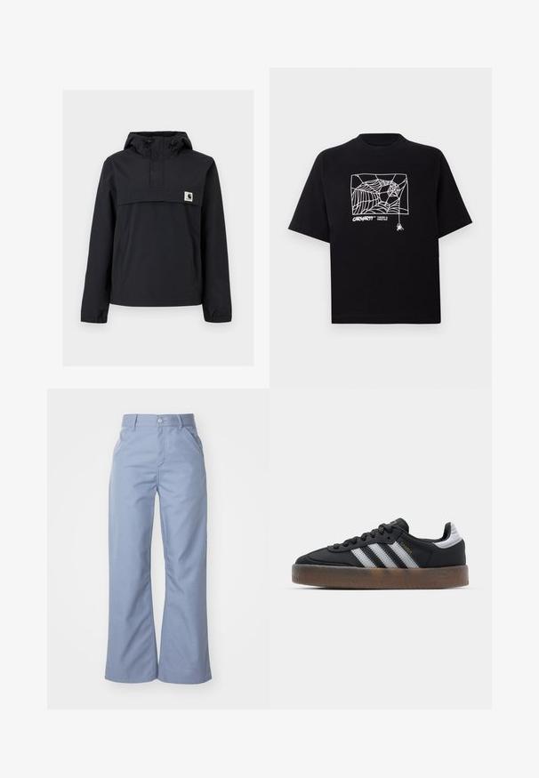 Zwarte windbreaker jas met een capuchon, voorzien van een voorzak, elastische boorden en een logopatch op de borst. Glad, waterafstotend materiaal.; Zwarte T-shirt van katoen met korte mouwen. Voorzien van een witte spinnenwebgrafiek en logo op de voorkant. Eenvoudige ronde halslijn.; Lichtblauwe wijde broek van een soepele katoenen mix, met voorzakken en een knoopsluiting bij de taille.; Zwarte sneakers met een slank ontwerp, voorzien van drie witte strepen, een zwarte tong en een gestructureerde bruine rubberen zool. Accenten van gouden letters.