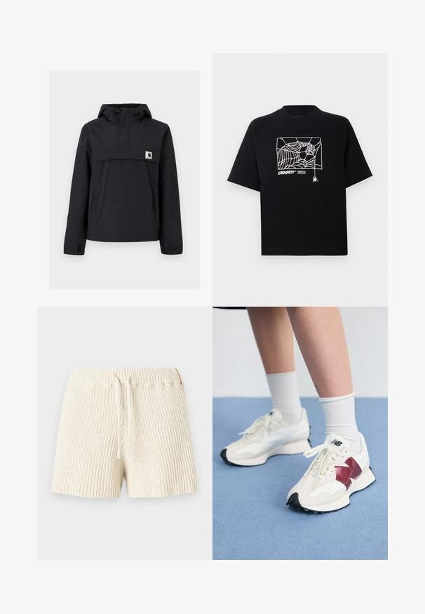 Čierna vetrovka s kapucňou, s prednou kapsou, elastickými manžetami a logom na hrudi. Hladká, vodeodolná tkanina.; Čierne tričko z bavlny s krátkymi rukávmi. Na prednej strane má biely grafický motív pavučiny a logo. Jednoduchý zaoblený výstrih.; Krémové pletené šortky s rebrovanou textúrou, elastickým pásom a šnúrkou. Na boku je malá ozdobná nášivka.; Pár bielych tenisiek s bordovými akcentmi, štruktúrovanými panelmi, plochou čiernou podrážkou a svetlými šnúrkami, nosených s bielymi členkovými ponožkami.