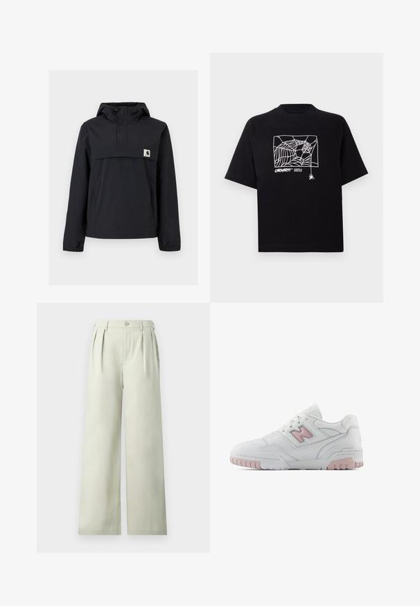 Zwarte windbreaker jas met een capuchon, voorzien van een voorzak, elastische boorden en een logopatch op de borst. Glad, waterafstotend materiaal.; Zwarte T-shirt van katoen met korte mouwen. Voorzien van een witte spinnenwebgrafiek en logo op de voorkant. Eenvoudige ronde halslijn.; Lichtgroene wijde broek van soepel materiaal, met plooien, een enkele knoop in de tailleband en een strakke snit.; Witte sportieve schoen met roze accenten. Beschikt over glad leer, geperforeerde secties en een dikke rubberen zool. Veters zijn van standaardstijl.