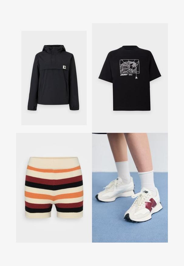 Casaco corta-vento preto com capuz, apresentando um bolso frontal, punhos elásticos e um patch do logo no peito. Tecido liso, resistente à água.; T-shirt preta feita de algodão com mangas curtas. Apresenta uma gravação de teia de aranha branca e um logótipo na parte da frente. Possui um decote simples em forma redonda.; Calças de malha com riscas horizontais em creme, laranja, vermelho, preto e borgonha, com uma textura suave e uma cintura ajustada.; Par de tênis brancos com detalhes em bordô, painéis texturizados, sola preta lisa e atacadores claros, usados com meias brancas até ao tornozelo.