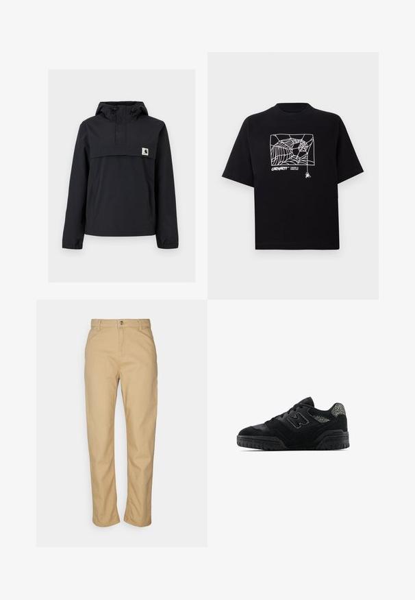 Schwarze Windjacke mit Kapuze, ausgestattet mit einer Vordertasche, elastischen Bündchen und einem Logopatch auf der Brust. Glattes, wasserabweisendes Material.; Schwarzes T-Shirt aus Baumwolle mit kurzen Ärmeln. Mit einem weißen Spinnennetz-Graphic und Logo auf der Vorderseite. Einfacher runder Ausschnitt.; Carhartt WIP PIERCE PANT - Stoffhose - tan; Schwarze Low-Top-Sneaker mit strukturiertem Sohlen, Schnürdesign, Wildlederpaneelen und gemusterten Akzenten an der Ferse sowie am Seitenlogo.