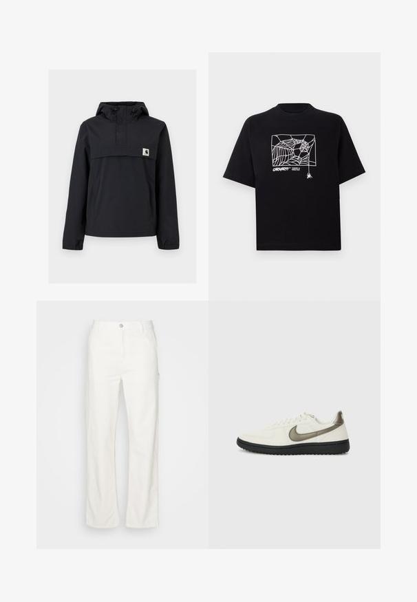 Zwarte windbreaker jas met een capuchon, voorzien van een voorzak, elastische boorden en een logopatch op de borst. Glad, waterafstotend materiaal.; Zwarte T-shirt van katoen met korte mouwen. Voorzien van een witte spinnenwebgrafiek en logo op de voorkant. Eenvoudige ronde halslijn.; Witte katoenen broek met rechte pijpen, een sluiting aan de voorkant met knoop, riemlussen en zijzakken. Glad textuur zonder zichtbare patronen.; Nike Sportswear FIELD GENERAL - Sneakers laag - off-white/black