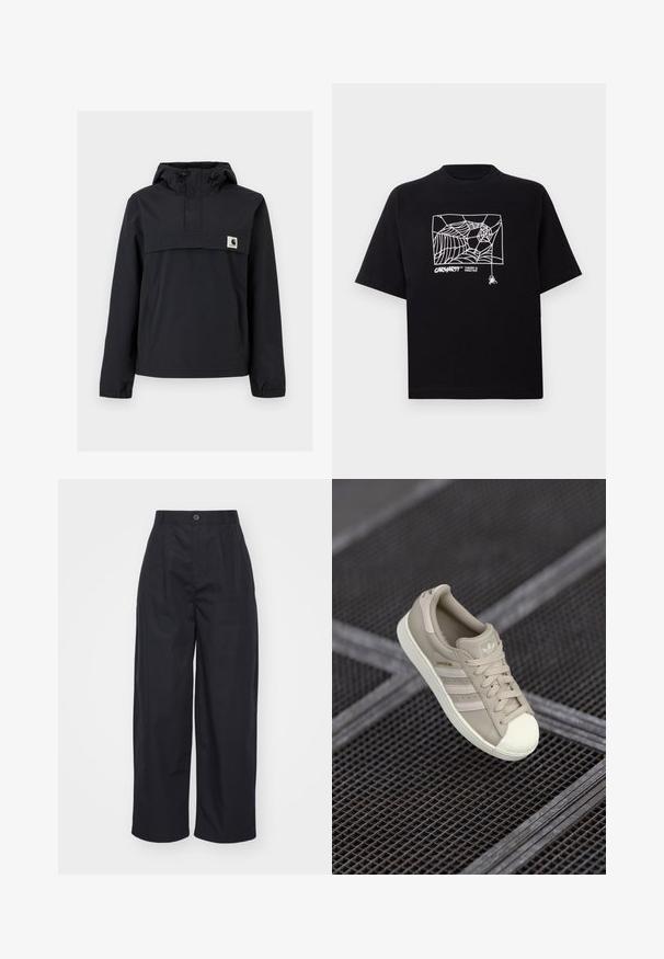 Zwarte windbreaker jas met een capuchon, voorzien van een voorzak, elastische boorden en een logopatch op de borst. Glad, waterafstotend materiaal.; Zwarte T-shirt van katoen met korte mouwen. Voorzien van een witte spinnenwebgrafiek en logo op de voorkant. Eenvoudige ronde halslijn.; Zwarte wijde broek van katoen. Heeft een hoge taille met knoopsluiting en een zachte structuur. Geen zichtbare patronen of accenten.; Beige Adidas Superstar sneaker met een textuurleer bovenwerk, drie zijstripes, ronde neuskap en logo op de tong en hiel.