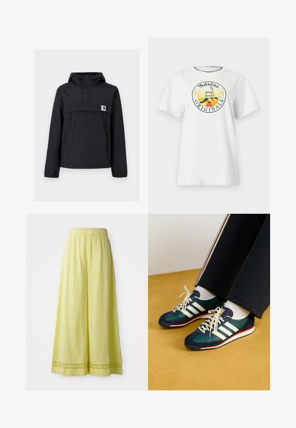 Veste coupe-vent noire avec capuche, dotée d'une poche avant, de poignets élastiques et d'un écusson logo sur la poitrine. Tissu lisse et résistant à l'eau.; T-shirt en coton blanc à manches courtes, avec un logo graphique rond en vert et jaune, affichant "Adidas Originals" et des motifs de fruits.; Pantalons larges jaunes en tissu texturé avec une taille élastique. Présente un détail en crochet à l'ourlet.; Baskets en suède vert et en mesh avec des rayures blanches et des accents rouges. Présentent une semelle plate et un embout rond, lacées avec des lacets crème.