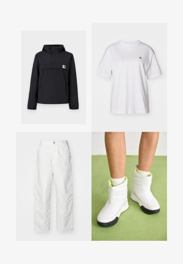 Zwarte windbreaker jas met een capuchon, voorzien van een voorzak, elastische boorden en een logopatch op de borst. Glad, waterafstotend materiaal.; Witte katoenen t-shirt met een relaxte pasvorm, korte mouwen en een klein geborduurd logo op de linkerborst.; Witte cargobroek van denim, met een relaxte pasvorm, zijzakken en zichtbare stiksels. Eenvoudige voorkant met een knoopsluiting.; Witte gewatteerde enkelboots met een gestructureerd oppervlak, voorzien van een neon groene voering en een zwarte rubberen zool.