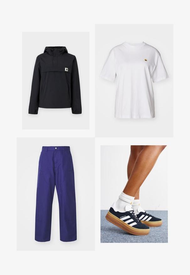 Casaco corta-vento preto com capuz, apresentando um bolso frontal, punhos elásticos e um patch do logo no peito. Tecido liso, resistente à água.; T-shirt branca de algodão com um corte descontraído, mangas curtas e um pequeno logótipo bordado na área do peito esquerdo.; Carhartt WIP BRANDON DOUBLE KNEE PANT - Calças cargo - aura rinsed; Ténis de camurça preta com riscas e detalhes brancos, biqueira arredondada, sola em borracha cor de goma, combinados com meias brancas caneladas até à altura do tornozelo.